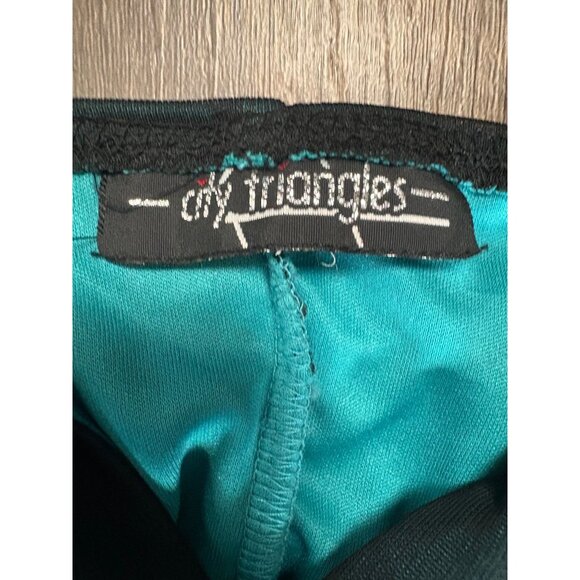 VTG 80s City Triangles Halter Dress Ruched Ruffled Hem Sm Black Teal Stretch Whi - Picture 3 of 8